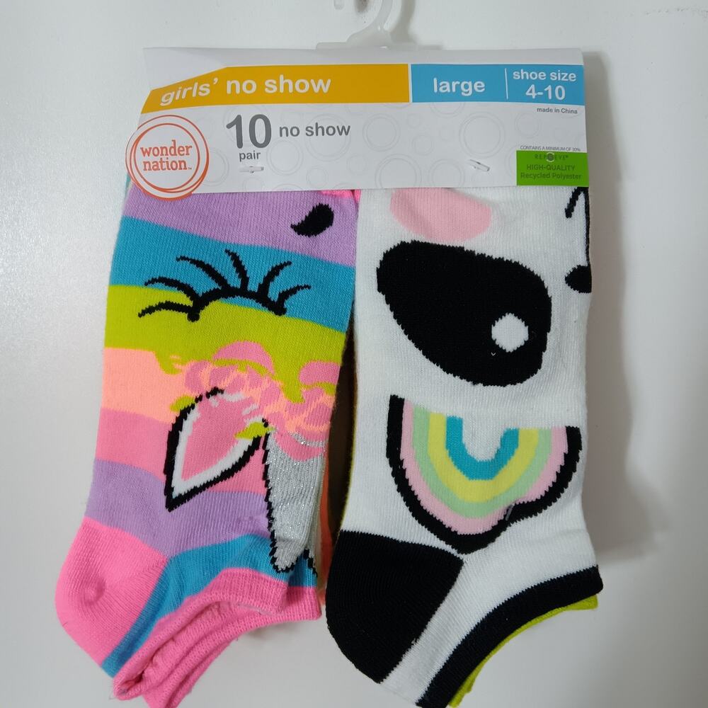 Wonder Nation Girl's No Show Socks 10 Pair Pack Shoe Size 4-12